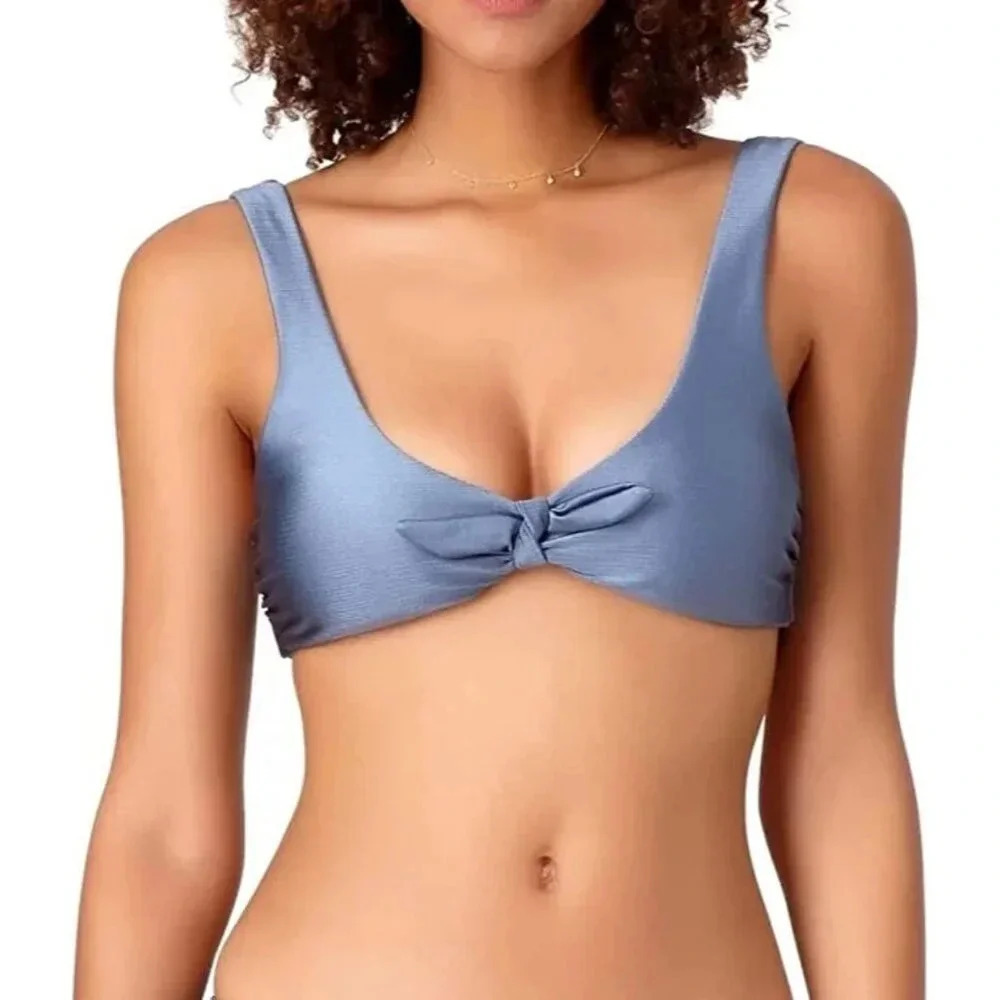 ANNE COLE Scoop-Neck Blue Shiny Bikini Top NWT L